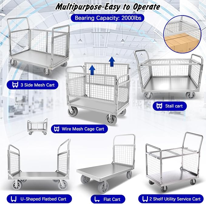 Platform Truck with Cage, 6 in1 Foldable Heavy Duty Steel Flatbed Cart - Image 2