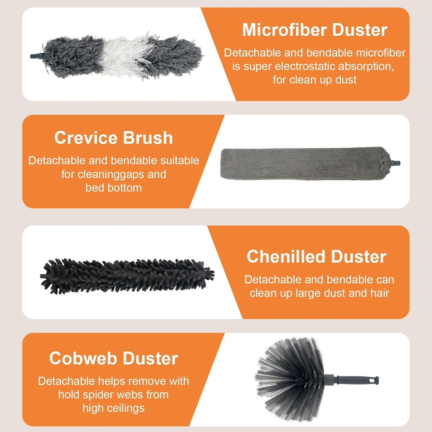 15 PCS Feather Dusters for Cleaning, Microfiber Duster with Extension Pole 100in, Extendable Duster for High Ceilings, Ceiling Fans, Baseboards, Blinds, Car Interior - Washable Reusable Dusting Tools
