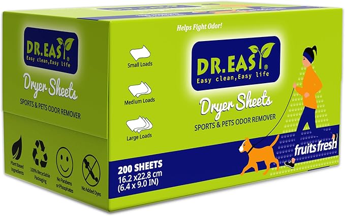 Dr.Easy SPORTS & PETS ODOR REMOVER Fruits Fresh Dryer Sheets, 200 Sheets by DREASY