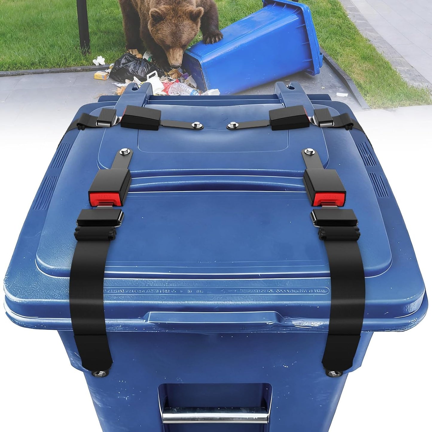 4pcs Trash Can Lock Wide-Width Nylon Tape Bear Proof Trash Can with Locking Lid, TrashCan Lock for Raccoon Animals Garbage Out Door