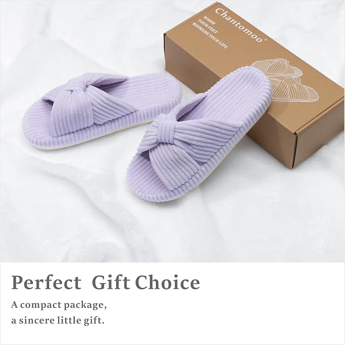 Chantomoo Slippers for Women Memory Foam House Bedroom Corduroy Bow Crossbands - Image 4