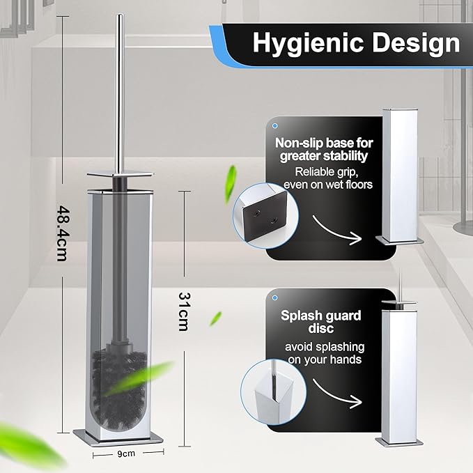 BVL Toilet Brush and Holder Set Chrome Stainless Steel 304 Square Freestanding - Image 4