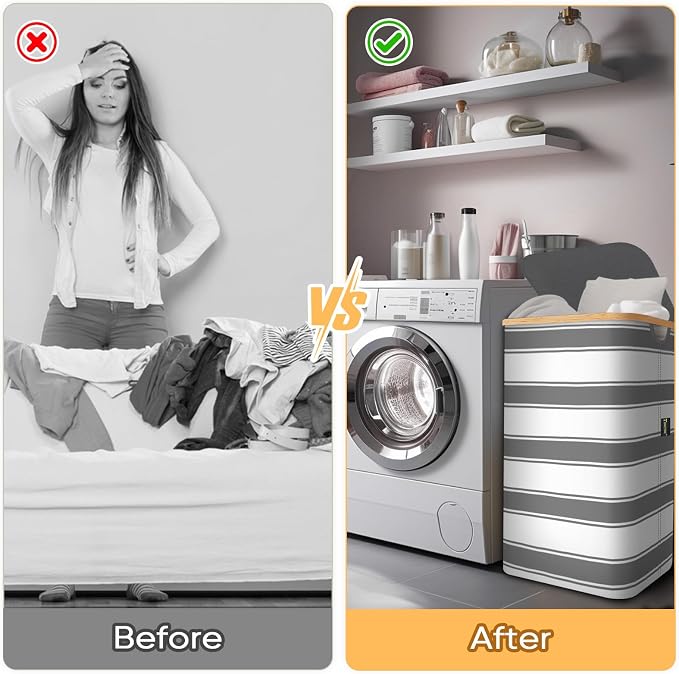 BALEINE Laundry Hamper with Lid, Tall Laundry Baskets with Bamboo Pull Handles - Image 7