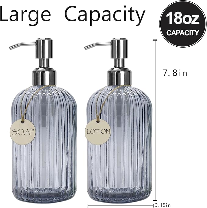 Grey Glass Soap Dispenser 18 oz, 2 Pack Hand Dish Soap Dispensers Bathroom - Image 4