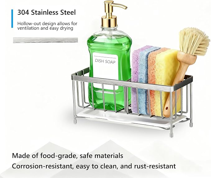Kavciva Sink Caddy Sponge Holder, 304 Stainless Steel Dish Brush Holder - Image 2