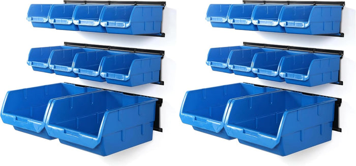Wallmaster Wall Mounted Storage Bins, Wall Storage Bins Parts Rack 10 Bins&3 Rails Wall Mount Tool Organizer Hardware Storage Organizer (Blue) (Pack of 2)