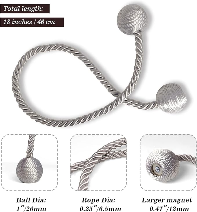 Hion Magnetic Curtain Tiebacks Grey 6 Pack, Curtain Tiebacks Buckles Holdbacks - Image 2