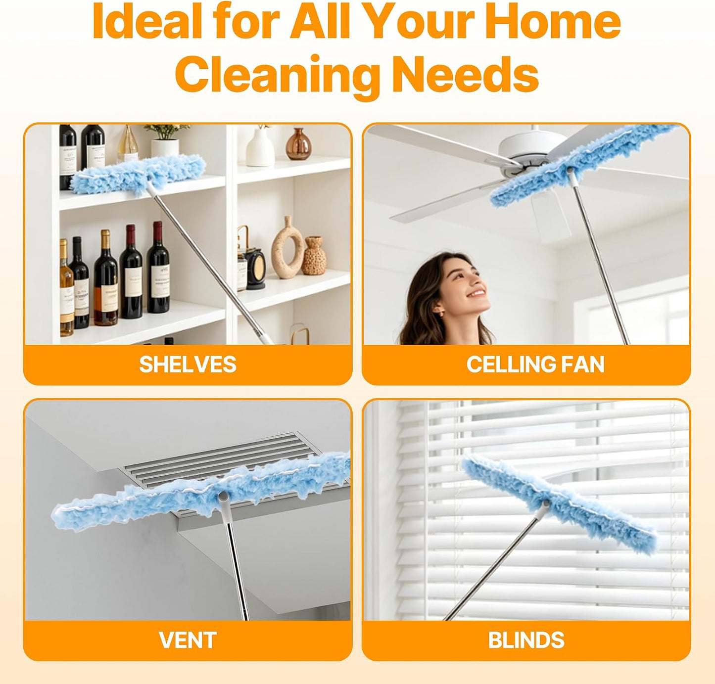 30 Count Heavy Duty Duster Refills, 6FT Extendable Handle with Dual Heads, 4 Fan Blades, 360 Microfiber Duster for Ceiling Fan, High Ceilings, Lamps, Hard-to-Reach Areas
