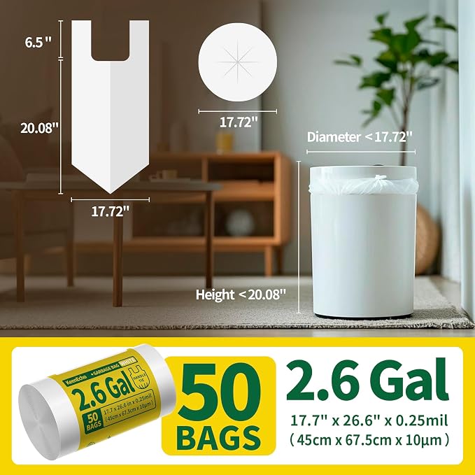 Small Trash Bags with Handles 2.6 Gallon 50 Count White - Image 6