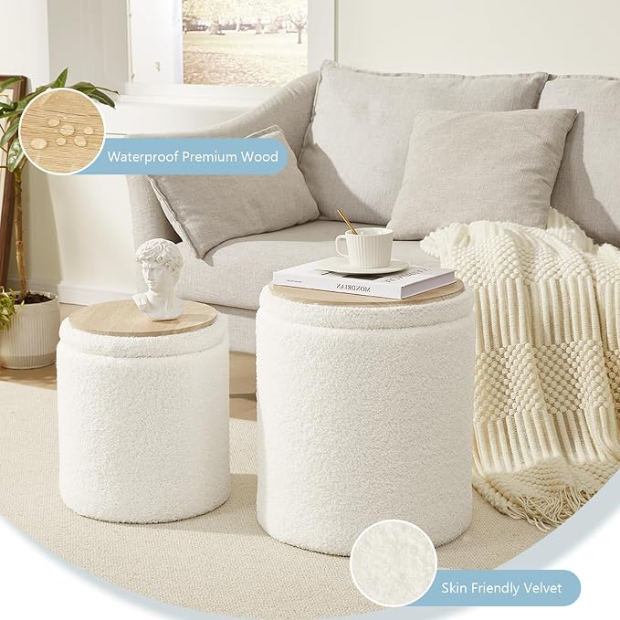 Boucle Round Ottoman with Storage Set of 2, Small Foot Stool Ottoman - Image 6