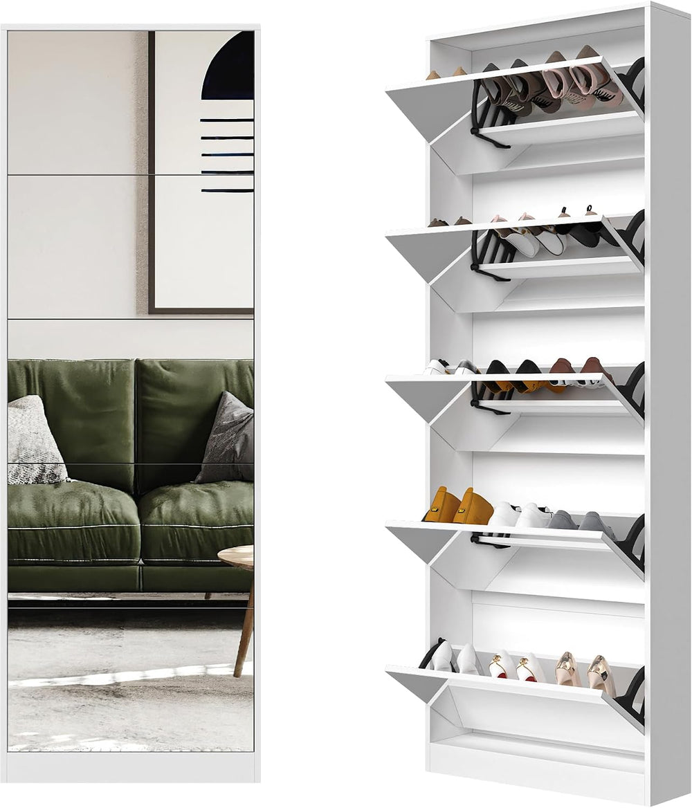 Mirror Shoe Cabinet, Hidden Shoe Storage Organizer with Flip Drawers Door, 5 ...