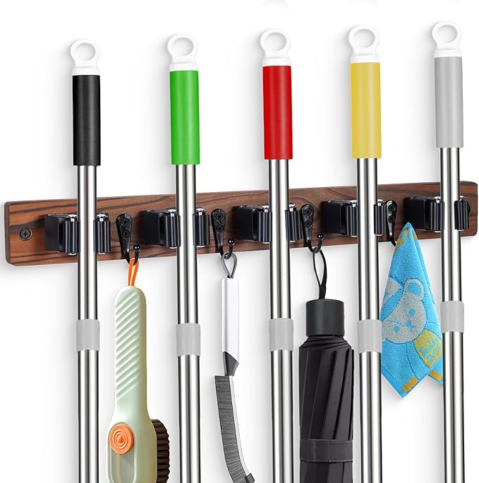 Broom Holder Wall Mount With 5 Slots & 4 Hooks，Rustic Wood Broom & Mop by FunCee