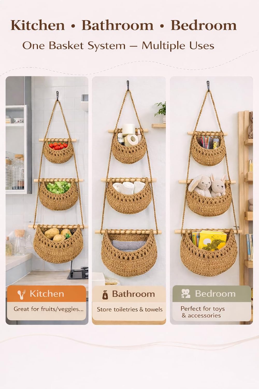 Hanging Wall Basket (3-Tier) Organizer – Cotton Rope Wall Storage for Bathroom, Kitchen & Nursery – Detachable Baskets + No-Drill Adhesive Hooks Included (Renter Friendly)