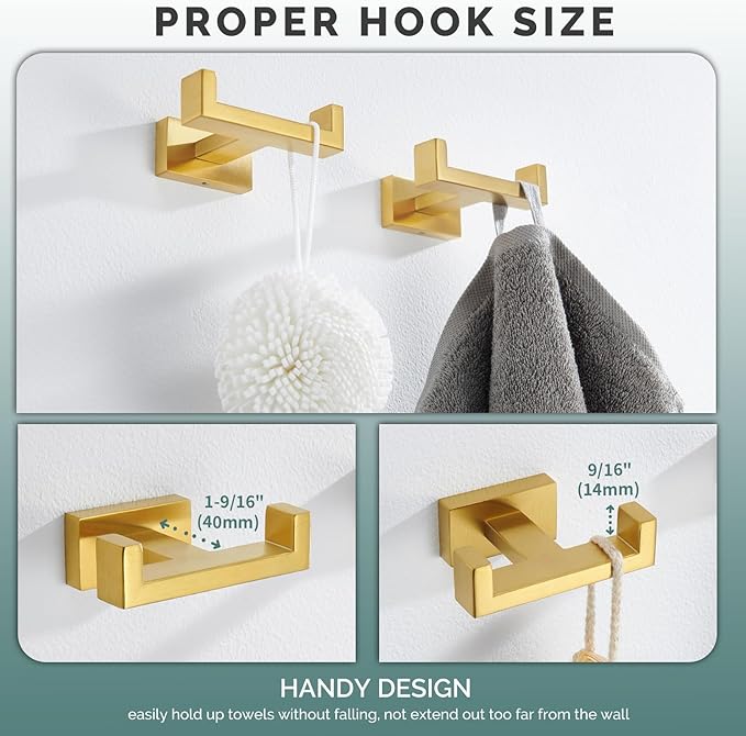 Angle Simple Double Towel Hook Brushed Gold 2 PCS, SUS304 Stainless Steel - Image 4