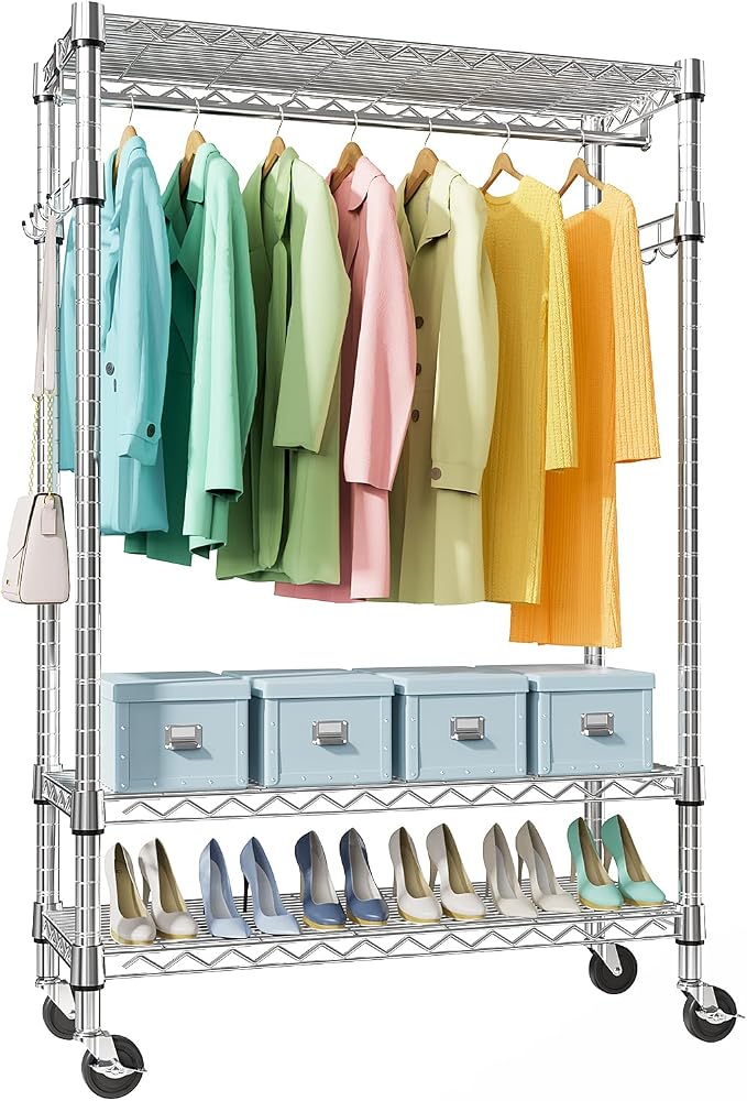 Heavy Duty Rolling Garment Rack 3 Tiers Adjustable Wire Shelving Clothes Rack by MEIGAOPLASTICANDMETALHKCOLIMITED