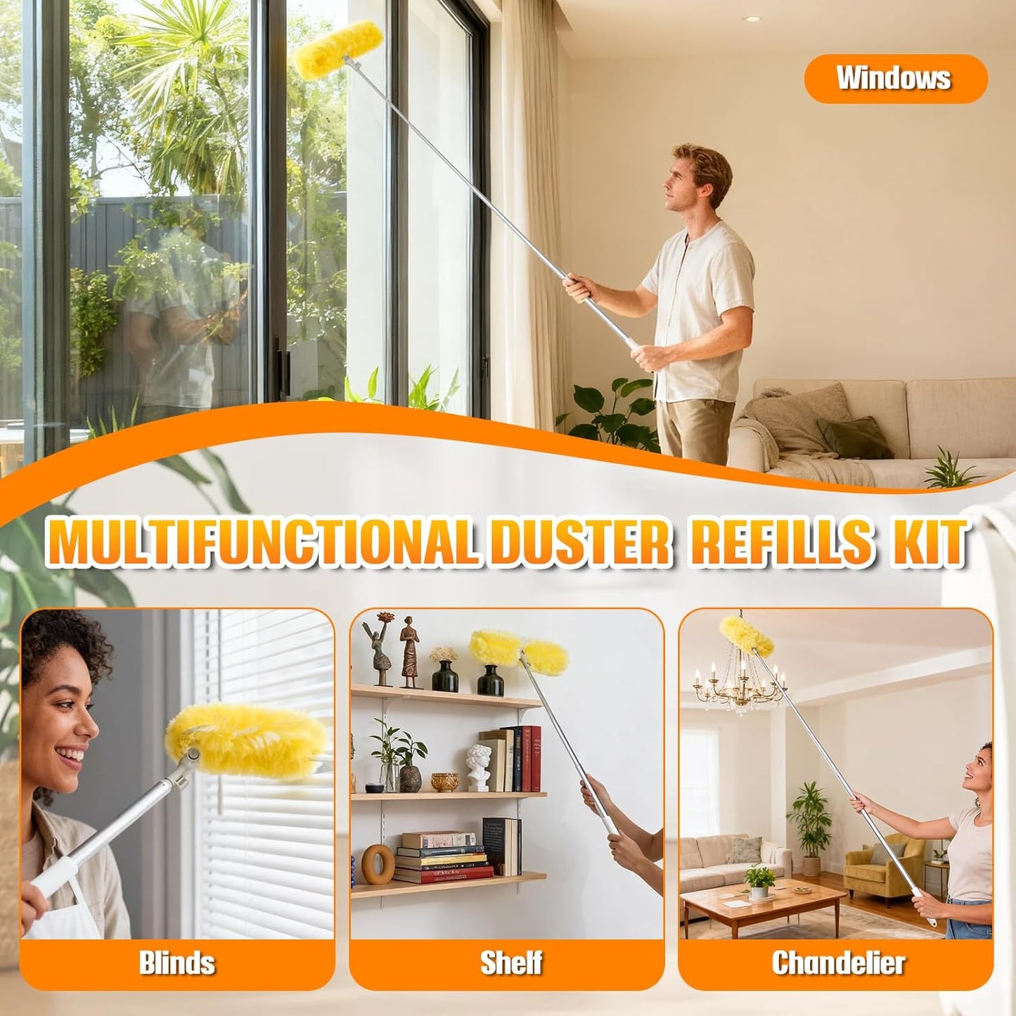 60 Count 360° Heavy Duty Duster Refills with 6 ft Extendable Handle, Compatible with Swiffer Duster, 4X Electrostatic Microfiber Disposable Duster Kit for Home, Office & High Reach Cleaning