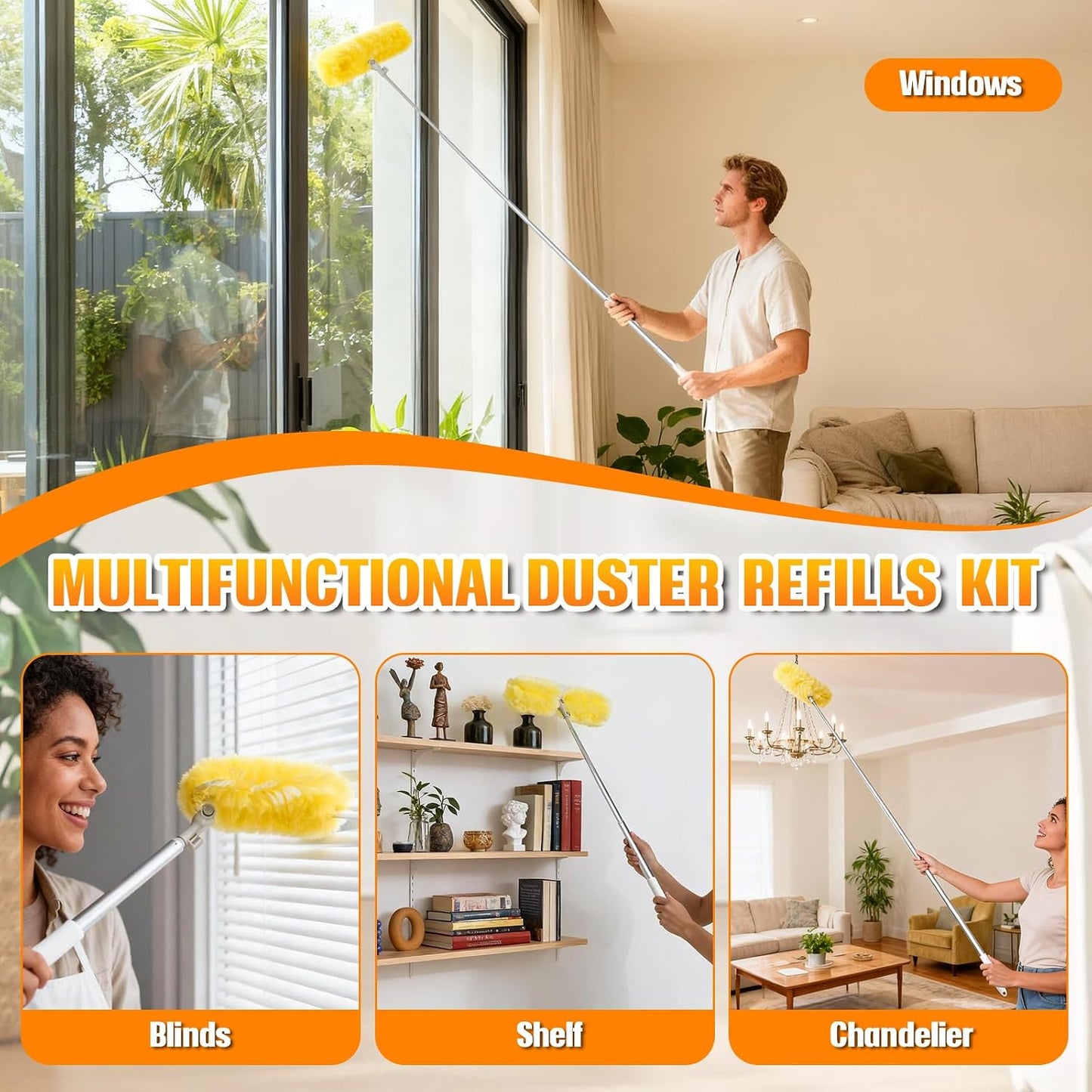 60 Count 360° Heavy Duty Duster Refills with 6 ft Extendable Handle, Compatible with Swiffer Duster, 4X Electrostatic Microfiber Disposable Duster Kit for Home, Office & High Reach Cleaning