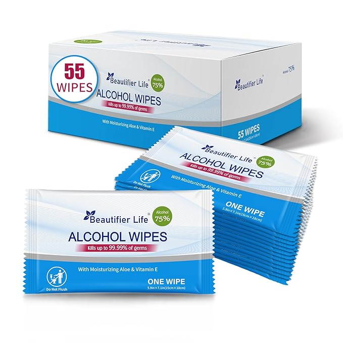 All - Purpose Travel Wipes, 55 Individually Wrapped 75% Alcohol Antibacterial by BeautifierLife