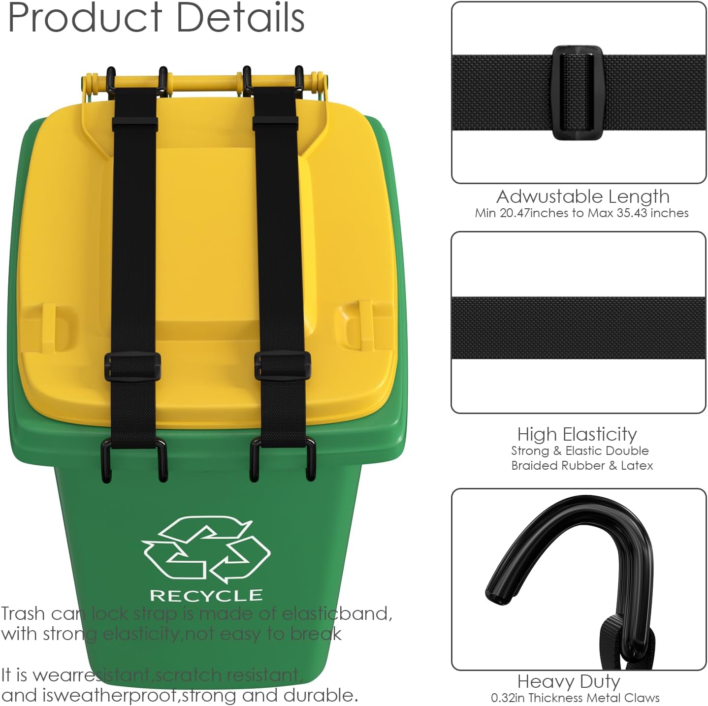 2Pcs Metal Non-Slip Double Claw Trash Can Lid Lock, Adjustable Animal-Proof & Windproof Garbage Can Lock, Universal Fit for 28-96 Gallon Outdoor Bins (Black)