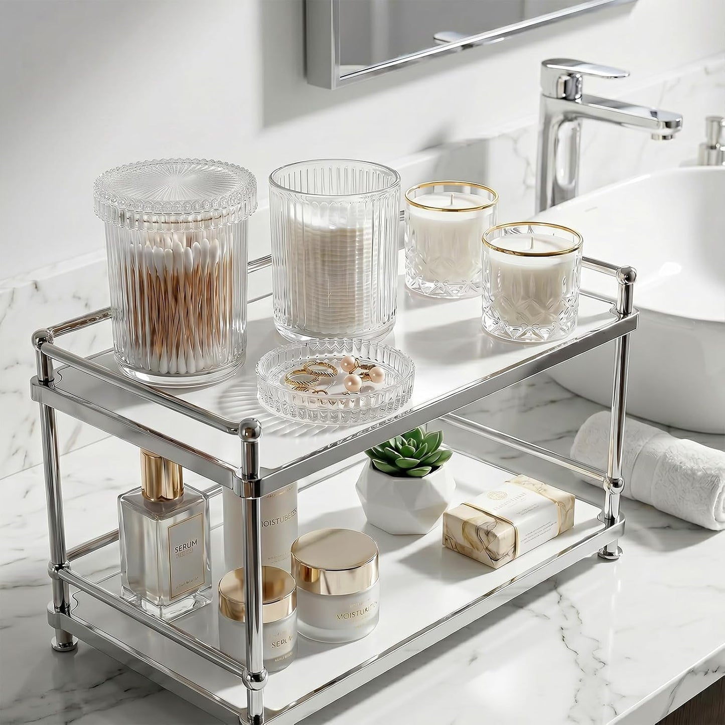 rejomiik 2 Pack Qtip Holder Glass Apothecary Jars with Lids, Ribbed Clear | Bathroom Canisters Vanity Organizer for Cotton Swabs, Balls, Pads, Floss Picks, Candy, Jewelry, Makeup Storage, Decor