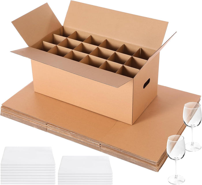 10 Sets Moving Boxes for Glasses with Divider Kits, 24 x 12 x 11 Inch Glassware Dish Kitchen Packing Box, Stemware Container Cases with Foam Pouches for Moving Wine Glasses Dish