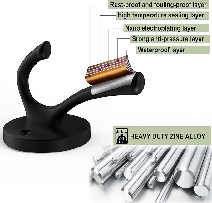 Black Wall Hooks, 6 Pack Coat Towel Hook Heavy Duty Metal Double Bath Robe Hook - Image 5