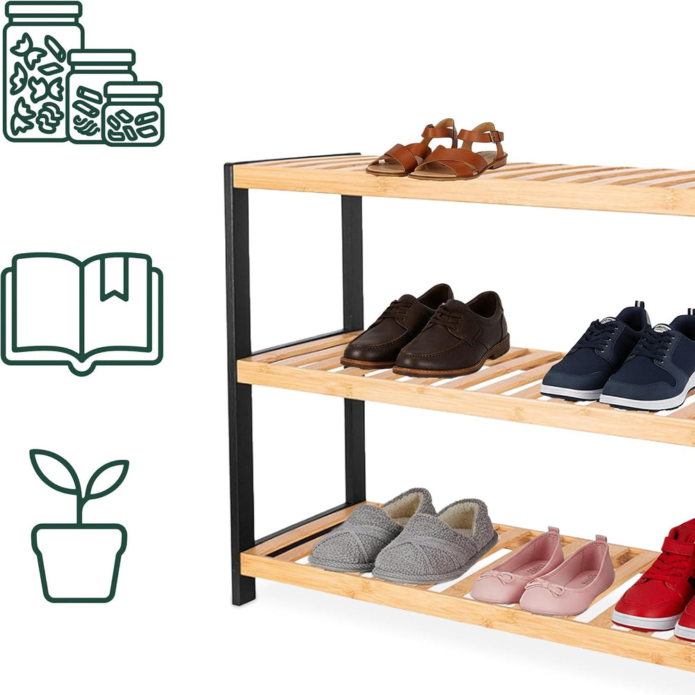 Relaxdays Shoe Rack, H 55 x W 70 x D 26 cm, Bamboo, 3 Levels, 9 Pairs of Shoe...