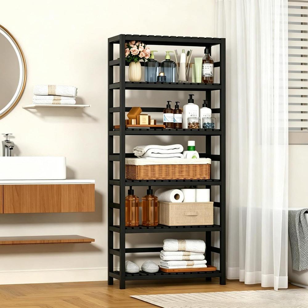 VASMIA 6-Tier Bamboo Shelf,Bamboo Storage Shelving Unit,Tall Bookcase with Ad...