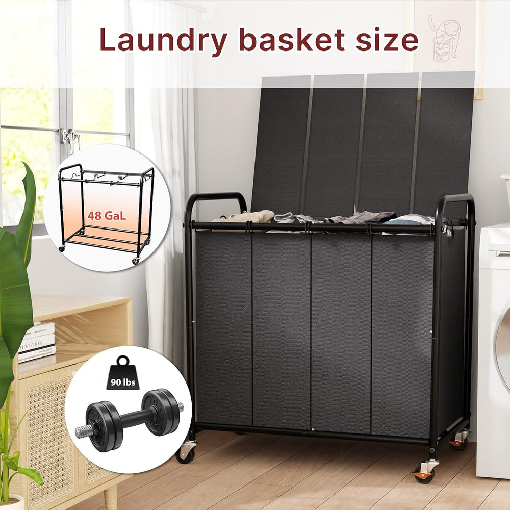 180L Laundry Sorter 4 Section with Lockable Wheels and Lid Black
