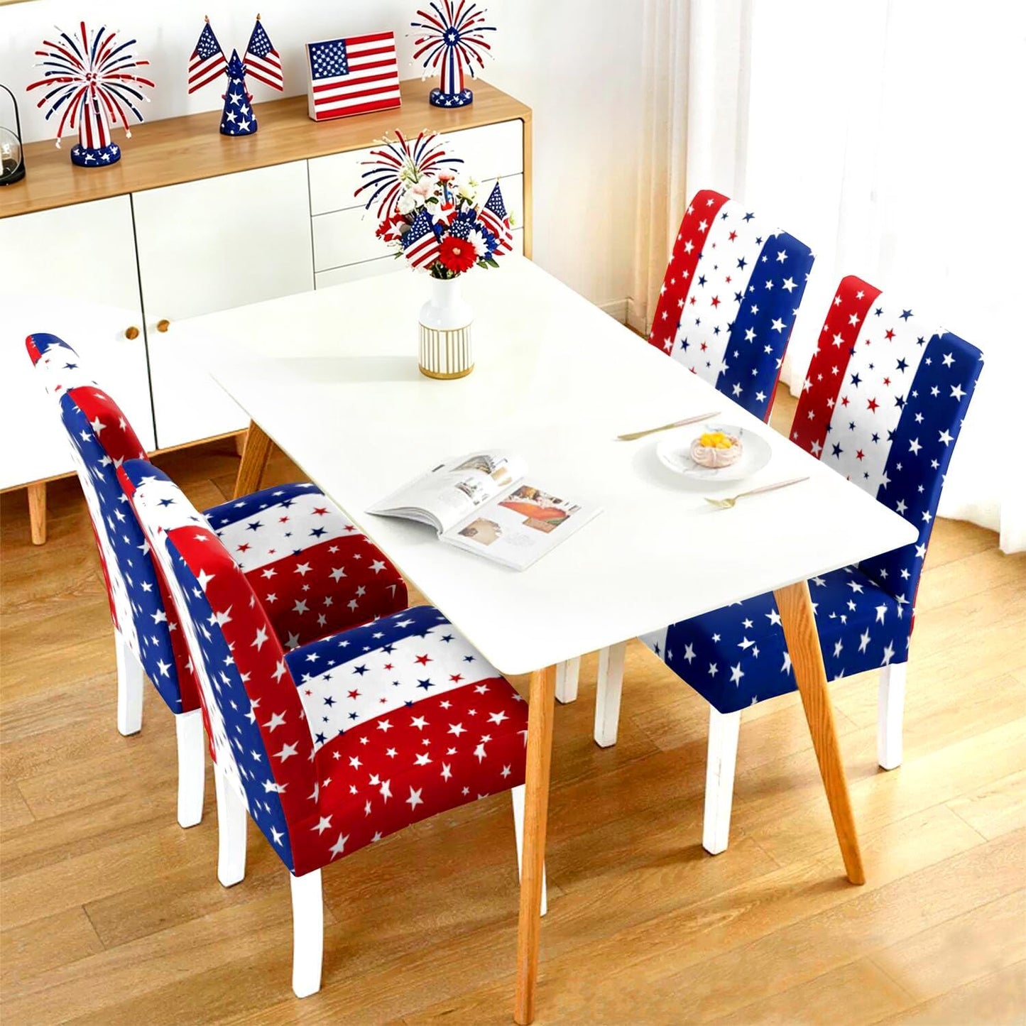 4th of July Chair Covers Set of 4, Patriotic Memorial Day Chairs Slipcover for Dining Room, Removable Washable Breathable Cover in the Kitchen Restaurant Holiday Decor