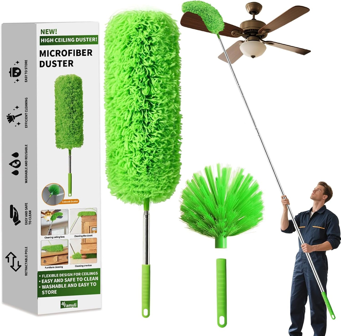 Cobweb Duster with Extension Pole, Washable Cleaning Duster Set with 2 Duster Heads, Corner Brush, 15-110-Inch Telescoping Pole for high Ceiling Fans, Long Duster for high Ceilings，Spider Web Brush