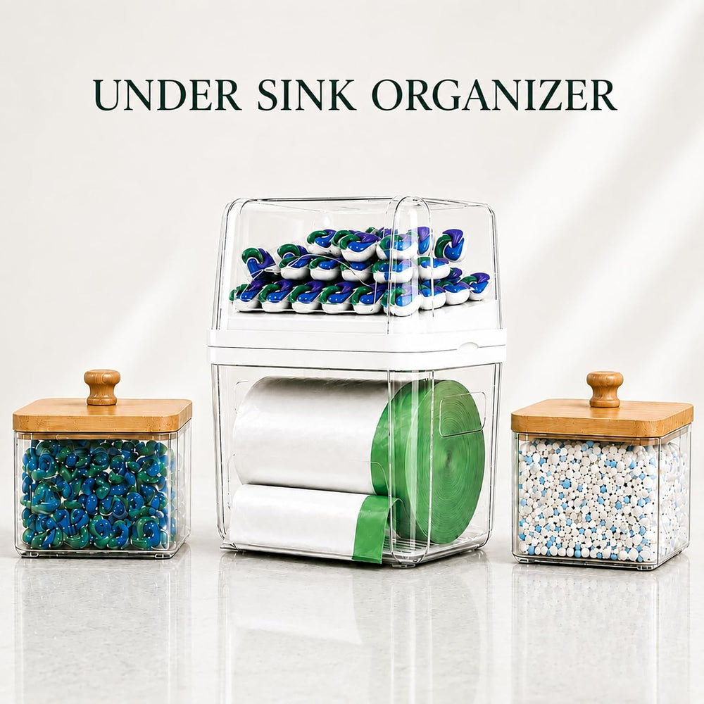Trash Bag Holder & Dishwasher Pod Dispenser with 2 Bamboo Lid Storage Con...