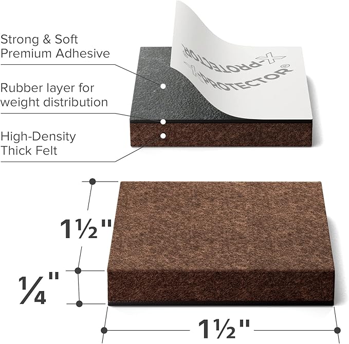 24 Heavy-Duty Felt Furniture Pads 1.5” 1/4” Thick X-Protector! Square Felt Pads - Image 3