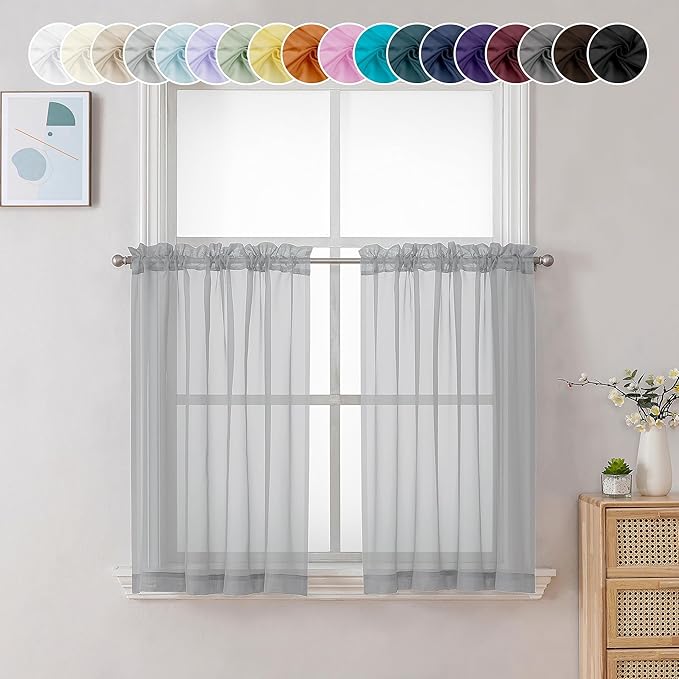 Chyhomenyc Sheer Light Grey Tier Curtains 24 Inch Length, Small Window Curtains by Chyhomenyc