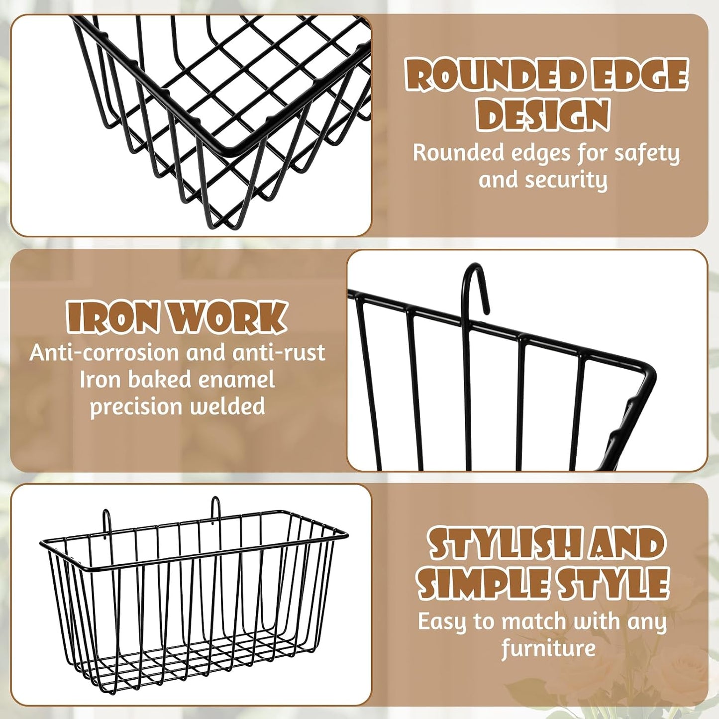 10 PCS Wire Baskets Wall Grid Panel Hanging Wire Basket Hanging Wall Baskets No Drilling Wall Hanging Baskets Grid Wall Storage Basket for Kitchen Bathroom Home Decor Supplies Large