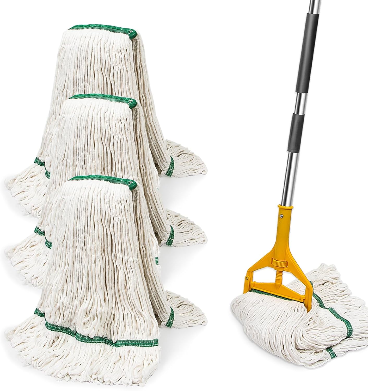3 Pack Heavy Duty Commercial Industrial Mop Replacement Heads with 48'' Long Handle, 20oz Looped-End String Wet Cotton Mops Refills for Home,Garage,Office and Kitchen