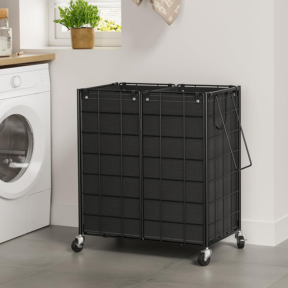 WOWLIVE Double Laundry Hamper with Wheels, Metal Rolling Laundry Basket