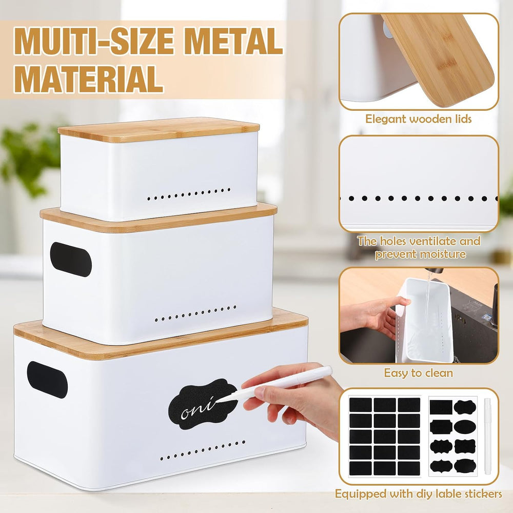 3 Pcs Metal Storage Box with Lid Nesting Farmhouse Storage Bins, White