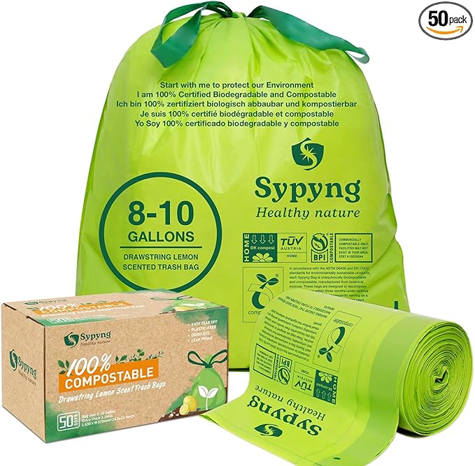 Compostable Kitchen Trash Bags 8-10 Gallon – Heavy-Duty, 1.1 Mil Thick by Sypyng