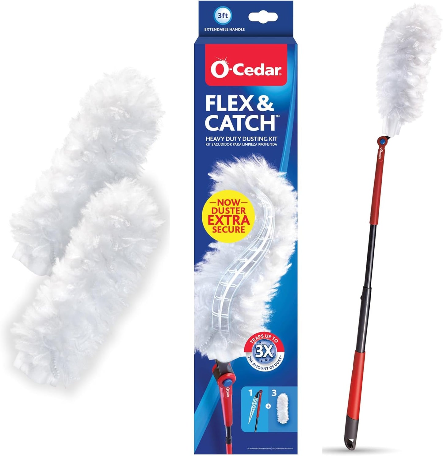 O-Cedar Flex & Catch Heavy Duty Dusting Kit with 3 Disposable Duster Refills | New & Improved Model | Extendable 3 Ft Handle with Stay-On Duster Hook | Traps 3X More Dust Than Feather Dusters