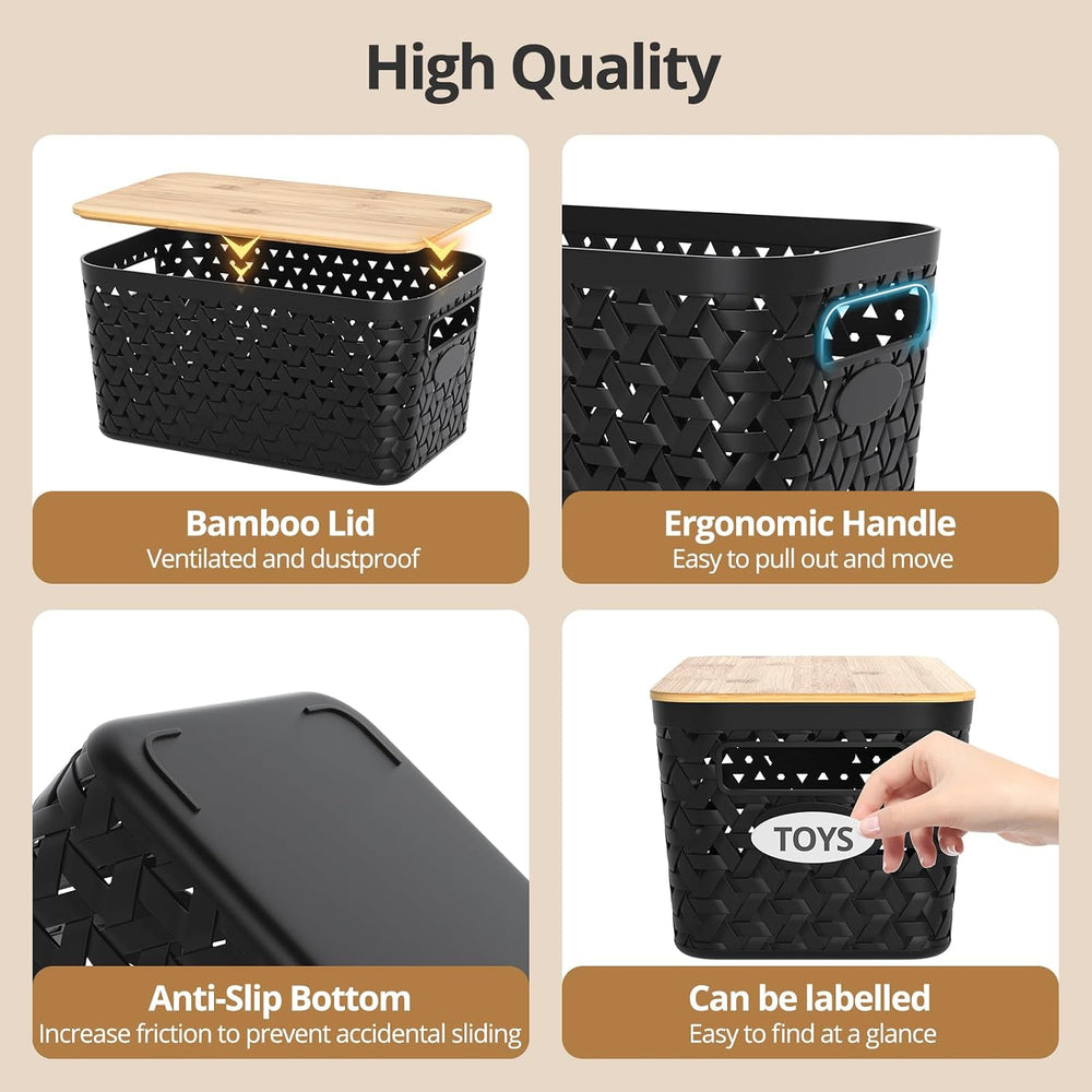 Plastic Storage Bins with Bamboo Lids, Stackable Small Box Baskets for Organi...