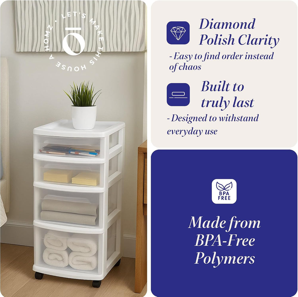 HOMZ Drawer Tower, 4-Tier Storage Cart with Removable Wheels, White Frame