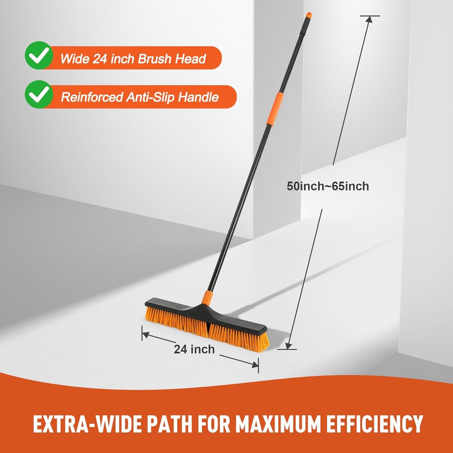CLEANHOME 24”Push Broom Brush for Floor Cleaning with 65” Long Handle and Stiff Bristles, Heavy Duty Brush for Shop, Deck, Garage, Concrete,Indoor and Outdoor Broom,Orange
