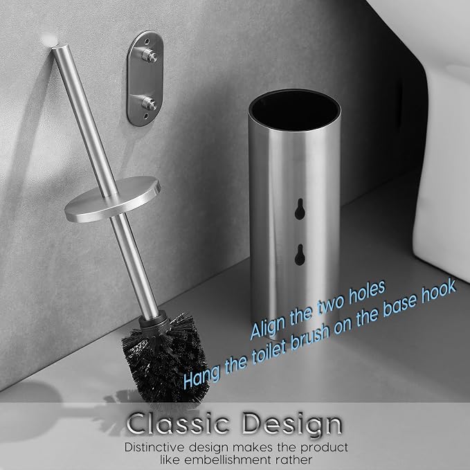 Brushed Stainless Steel Toilet Brush and Cover, No-Punch Hook Base Dual Purpose - Image 4