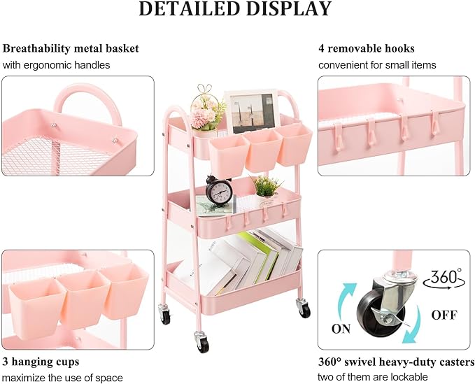 Danpinera 3-Tier Rolling Cart, Metal Storage Cart - Image 3