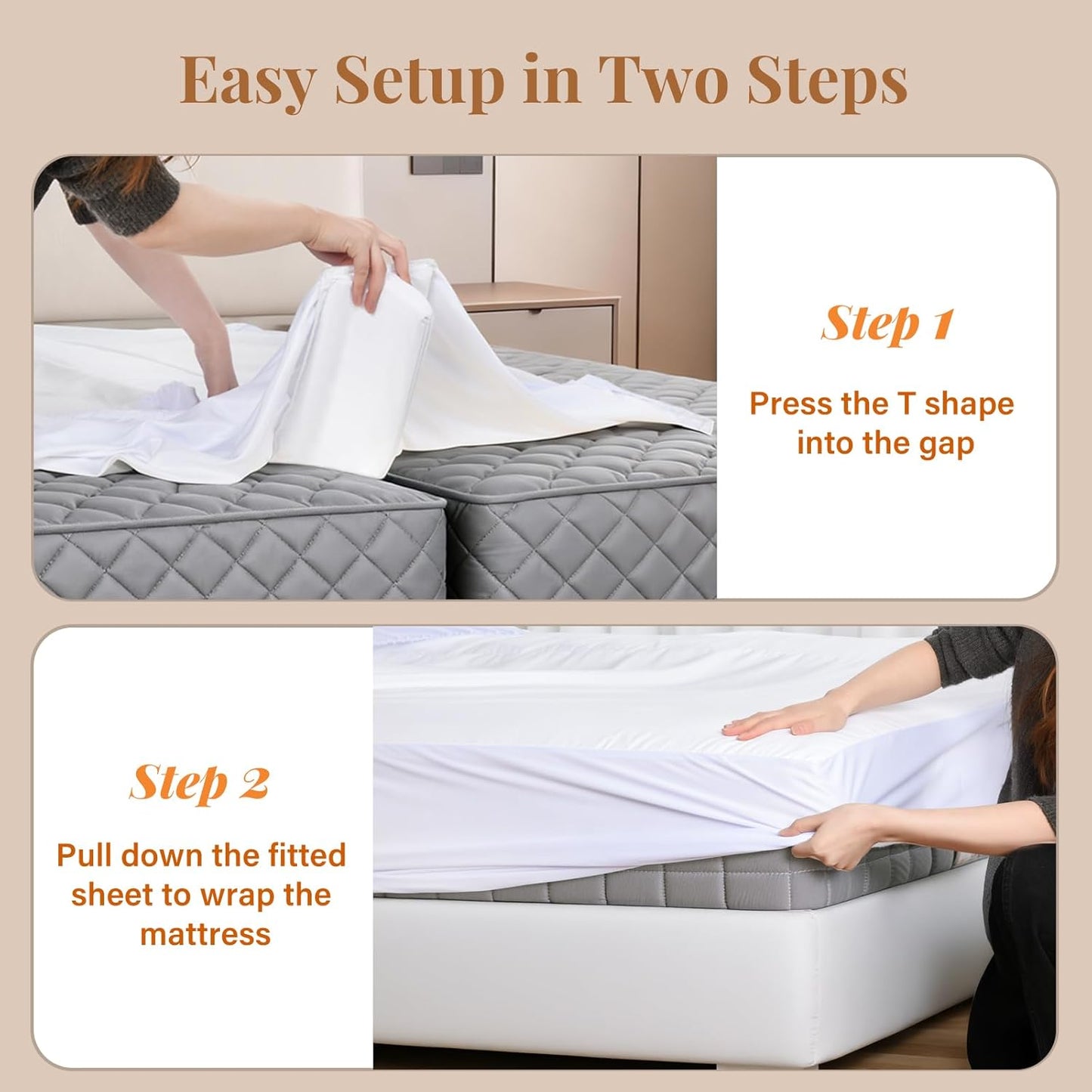Vekkia 2-in-1 Split King Gap Filler with Built-in Fitted Sheet, Twin to King Converter, Bed Bridge with Washable Cover, Fits Guest Rooms, Hotels & Vacation Rentals, 75"x75"