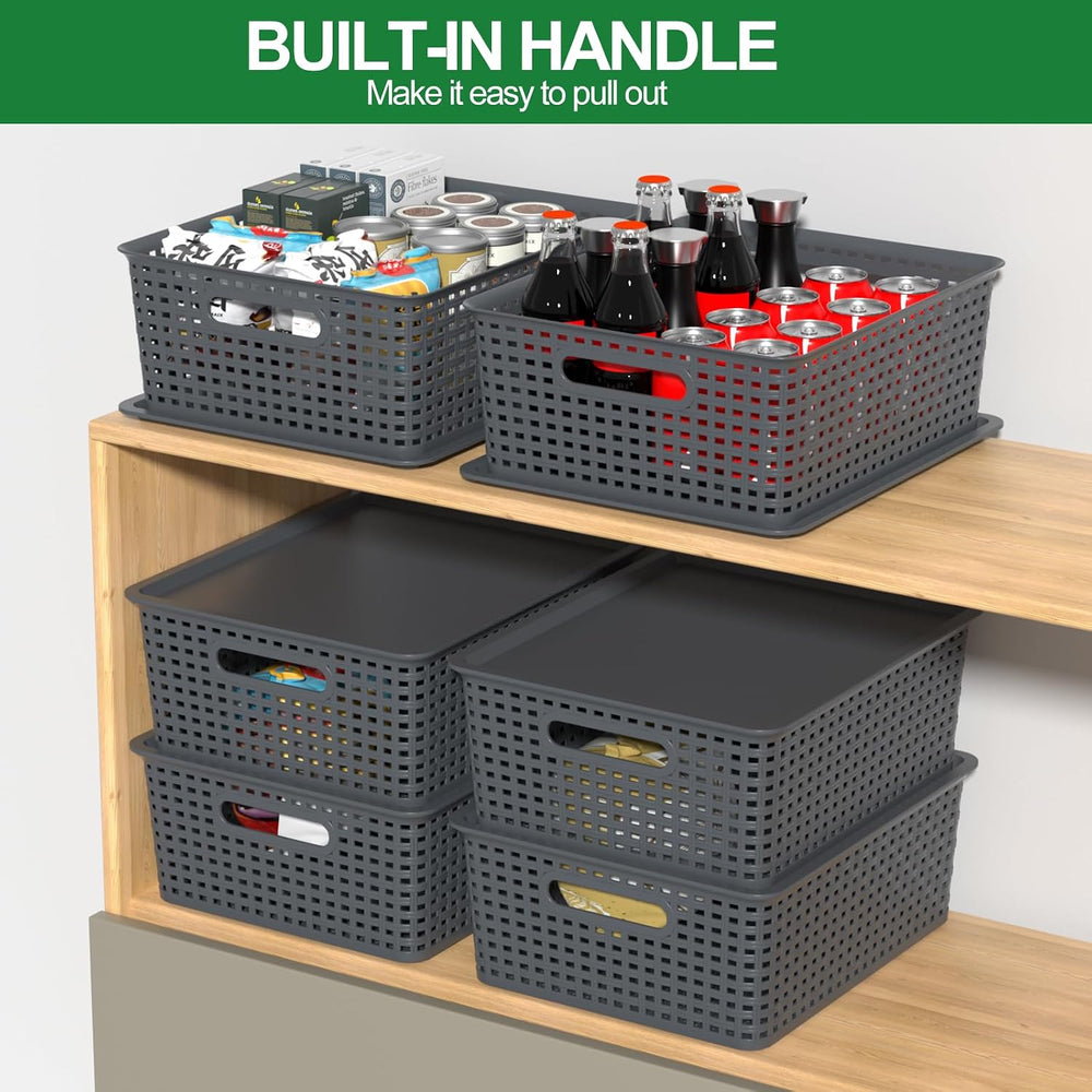 Plastic Storage Baskets with Lids, Organizer Bins, 6-Pack, Gray