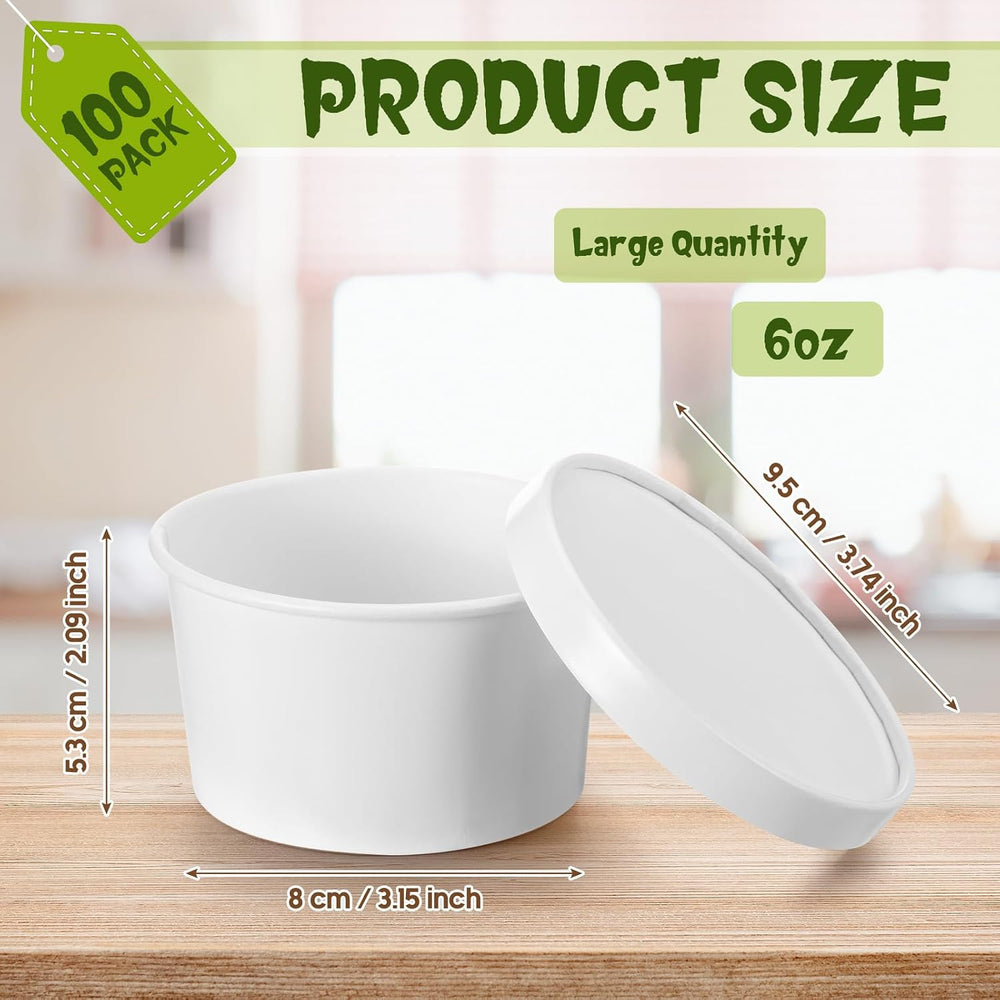 Fulmoon 6 oz 100 Pack Paper Containers with Lids Soup Bowl Cup, White