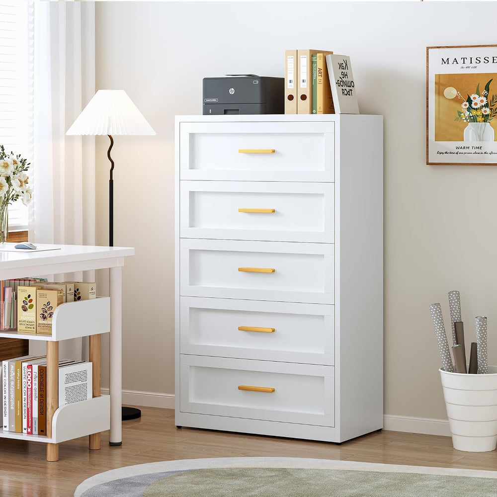 LCAOPC White Metal Dresser with 5 Spacious Drawers, Modern Chest of Drawers w...