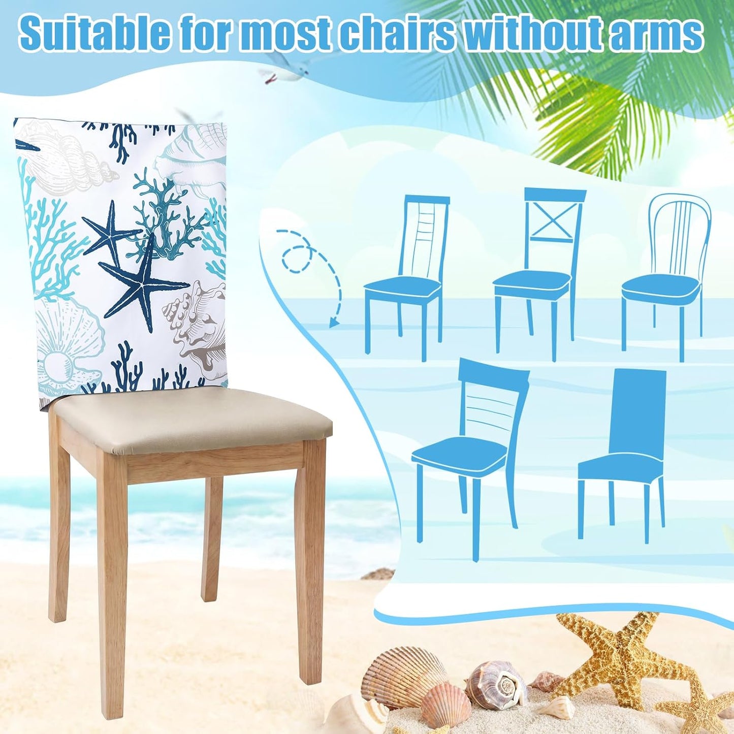 FuWeave 6 Pcs Summer Beach Chair Covers Blue Ocean Coastal Chair Back Covers Decorative Starfish Coral Seat Protector Washable Nautical Dining Room Slipcovers for Farmhouse Hotel Kitchen Decor